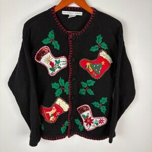 Victoria Jones‎ Black Christmas Stocking Ugly Sweater Cardigan Size S